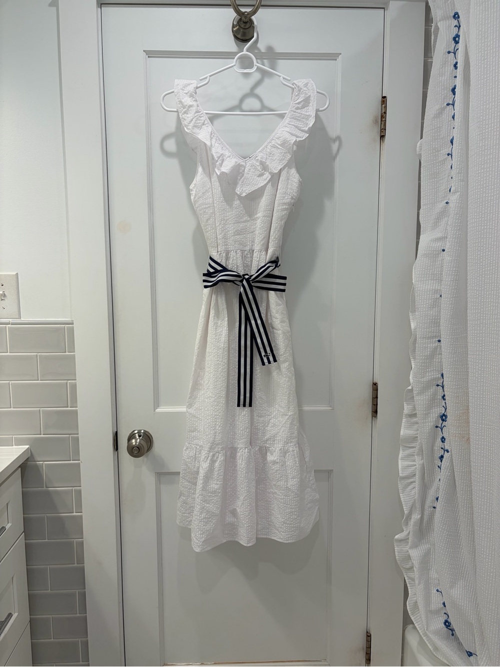 Vineyard Vines White Ruffled Midi Dress with Navy-Striped Belt